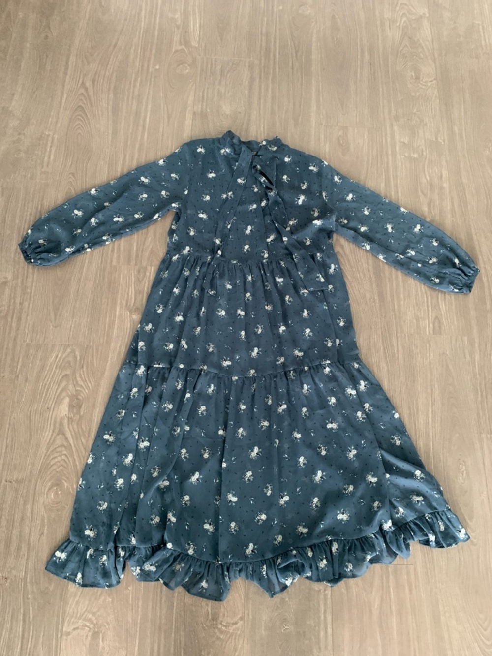 Topshop Blue Floral Long-Sleeve Tiered Midi Dress